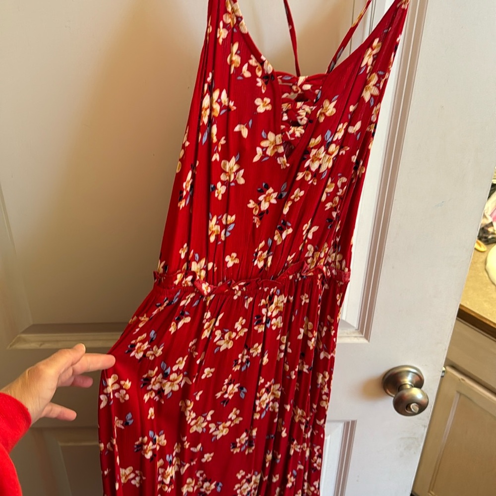 Red floral summer dress.